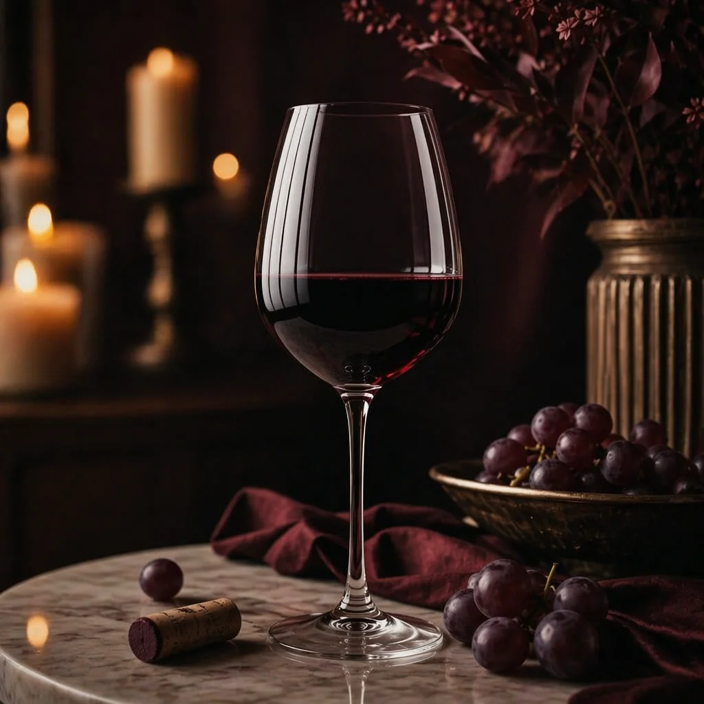 A glass of red wine by candlelight with grapes and a wine cork
