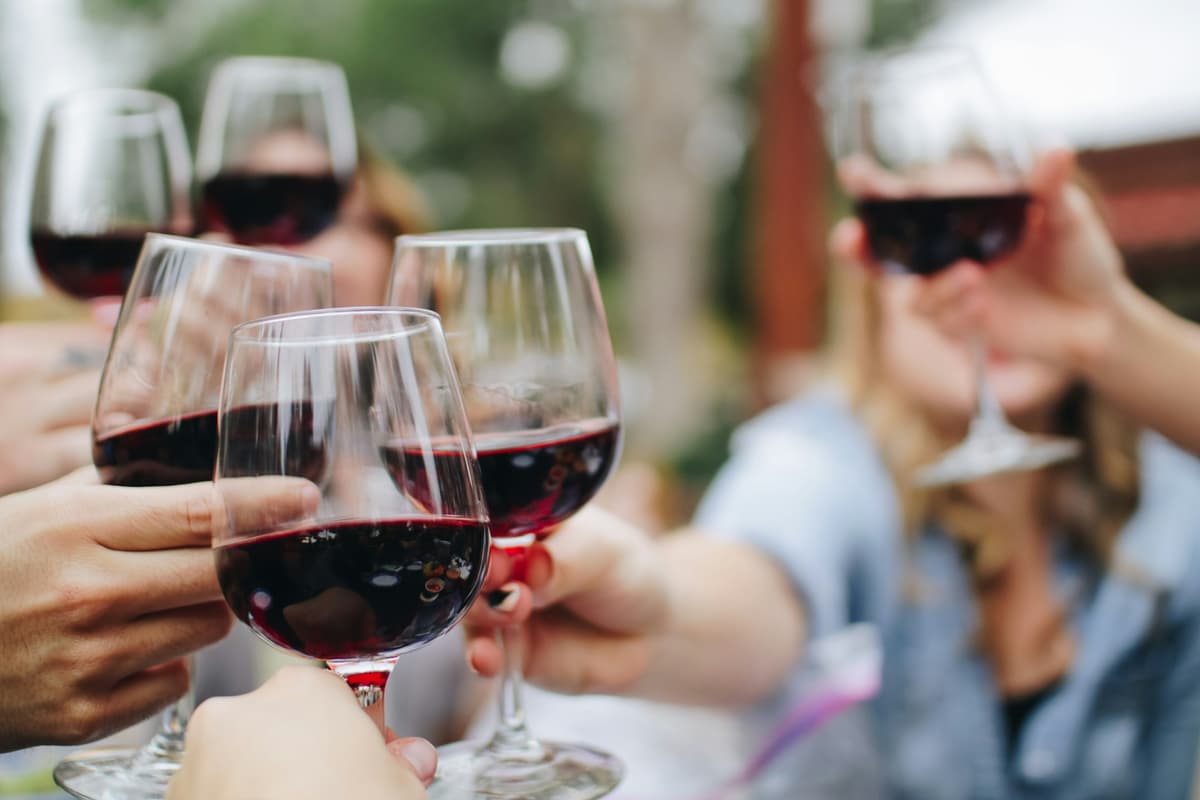 Friends raising glasses of red wine in a toast