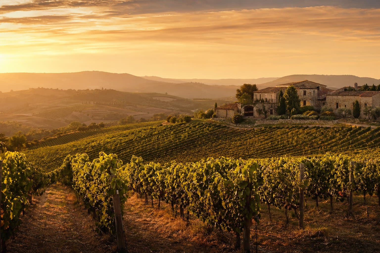 Vineyard rolling hills at golden hour.