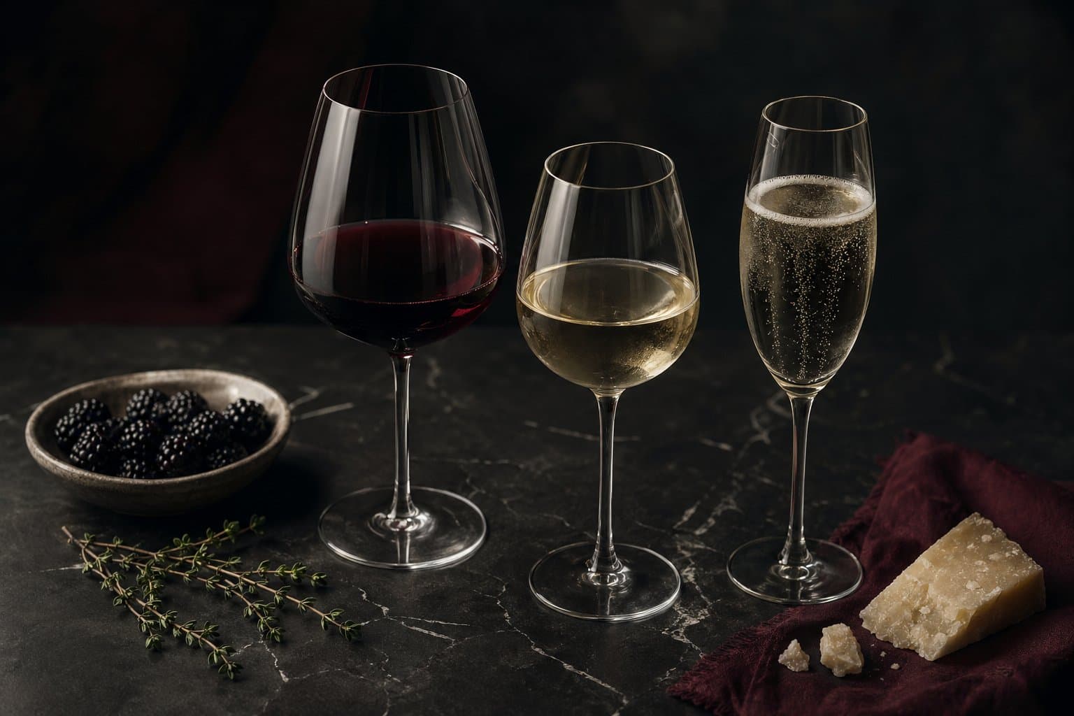 Three wine glasses on dark slate: red, white, and sparkling.