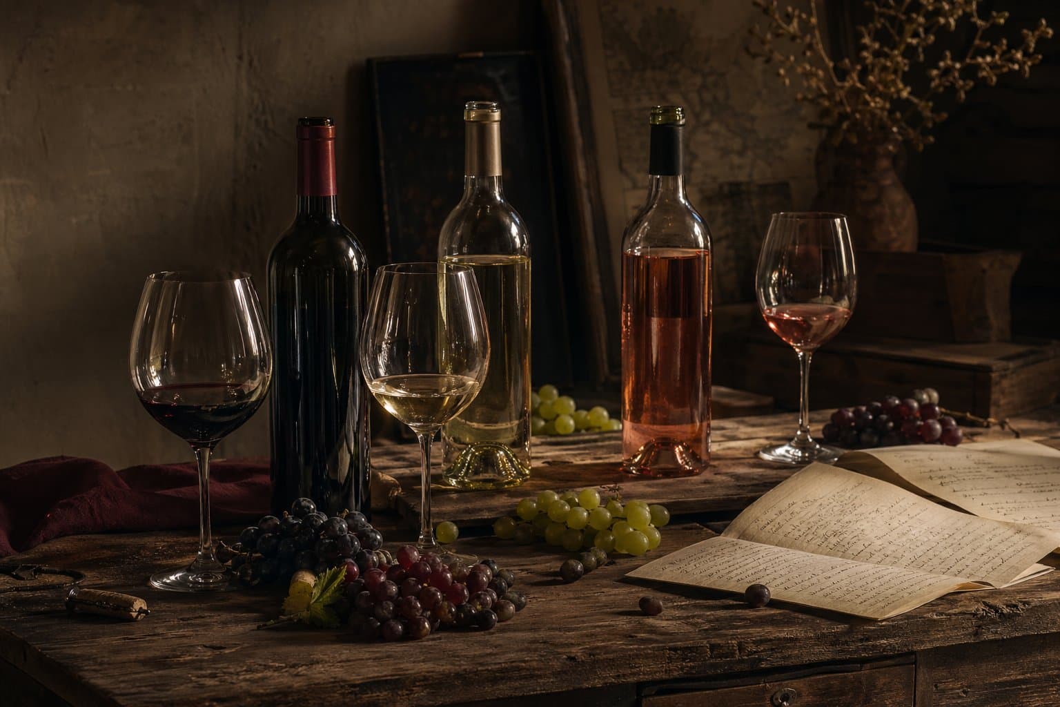Wine bottles, glasses, and grape clusters on a wooden table.